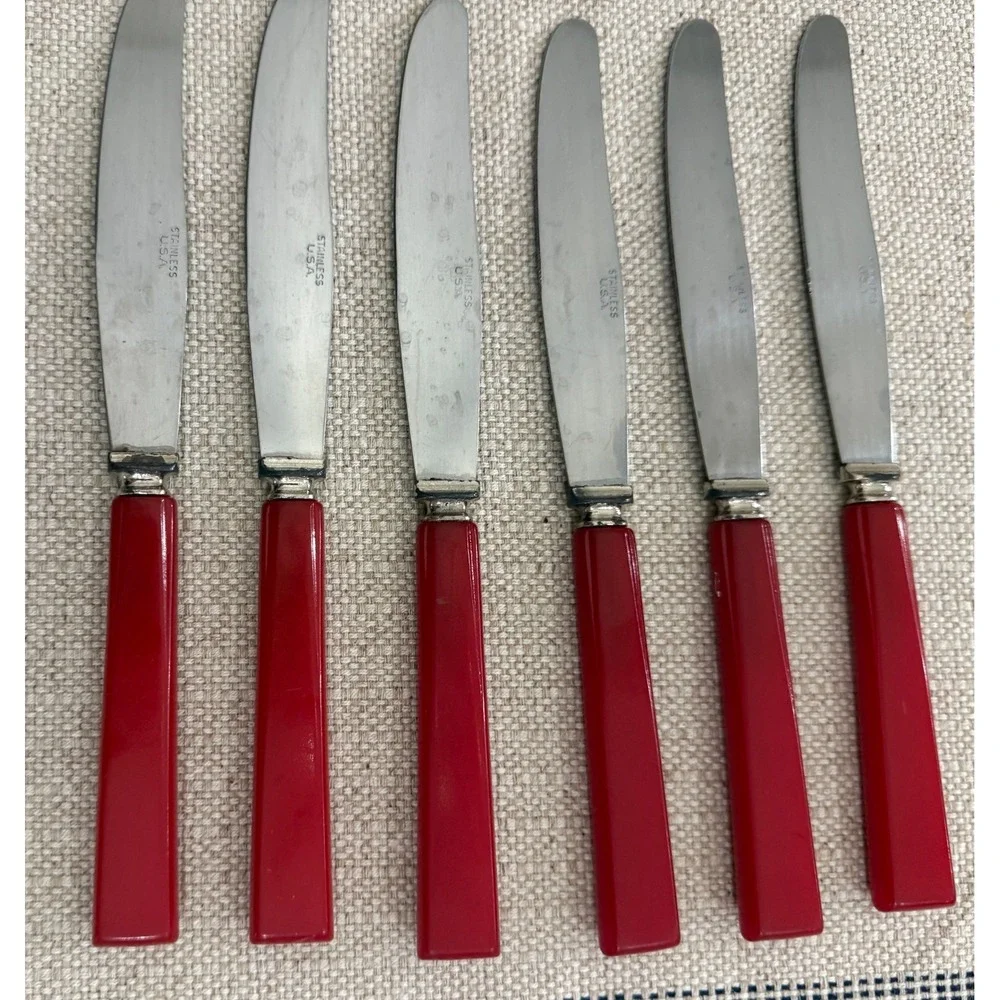 Vtg Bakelite Red Handle Stainless Steel Knives Set of 6 Mid Century Modern Knife